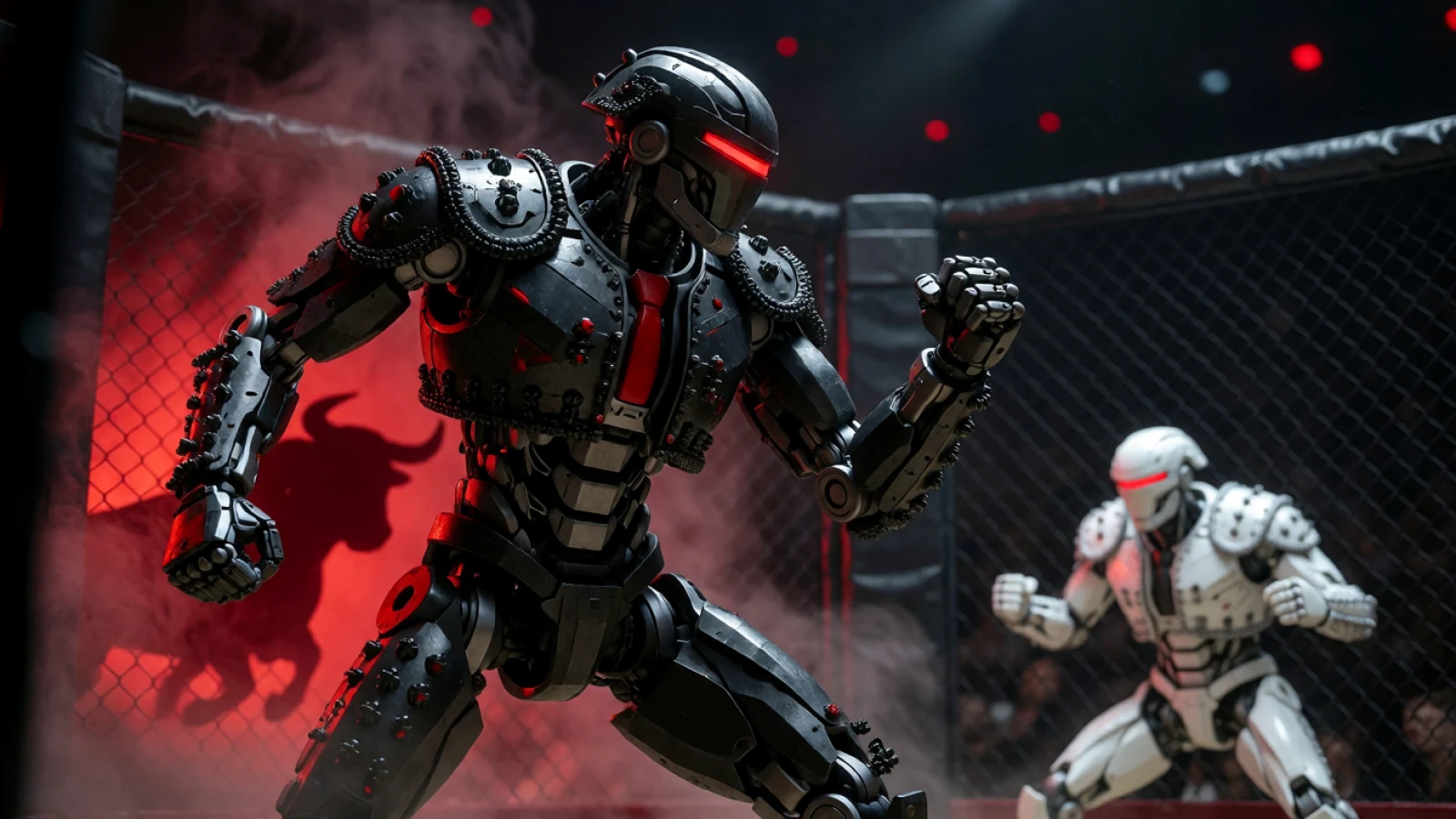 AI illustration of the dark-armored Matador robot in a fighting cage