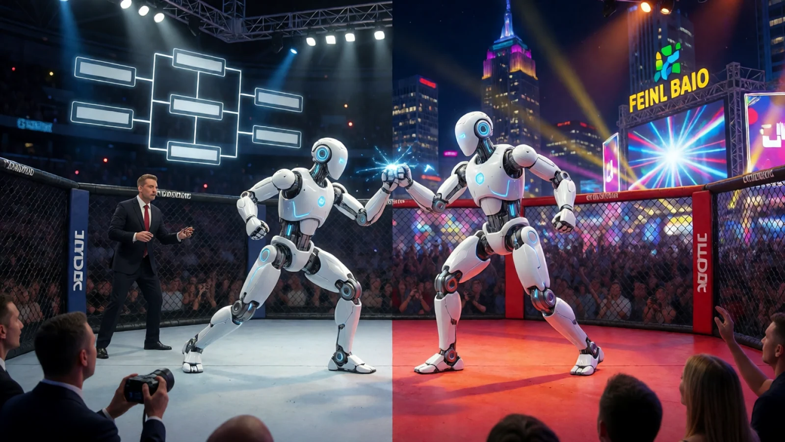 AI illustration comparing a championship bracket with a city-tour robot fight