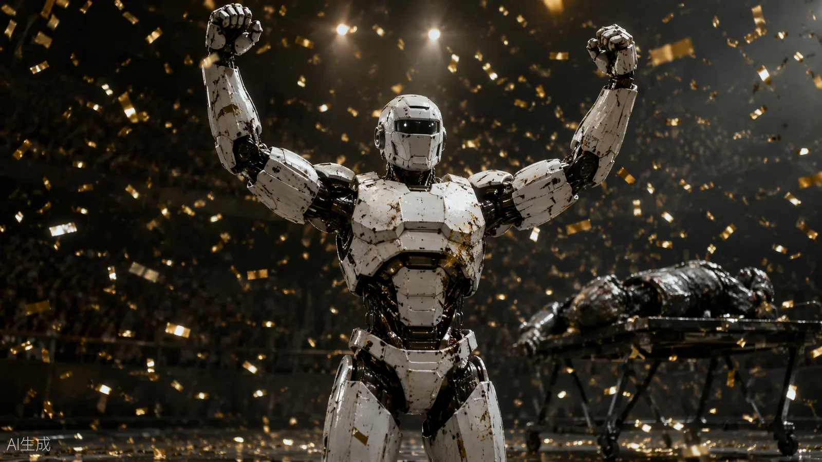 White humanoid robot celebrating under golden confetti rain while a dark robot is carried off in the background (AI illustration)