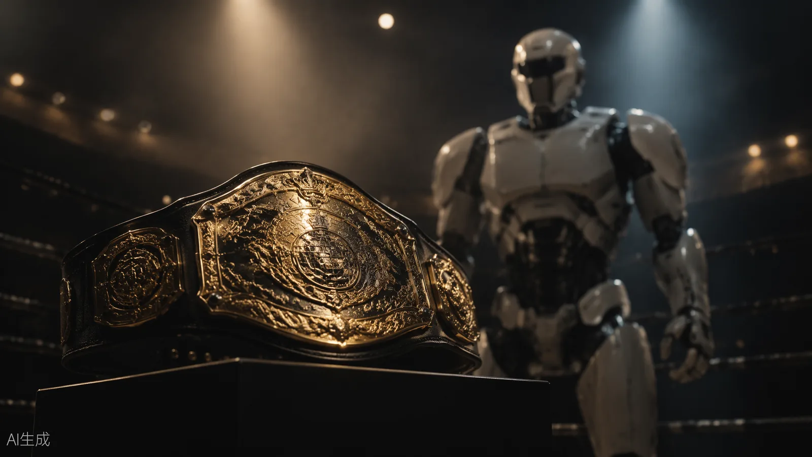 Golden championship belt on a pedestal beside a humanoid robot under arena spotlights (AI illustration)