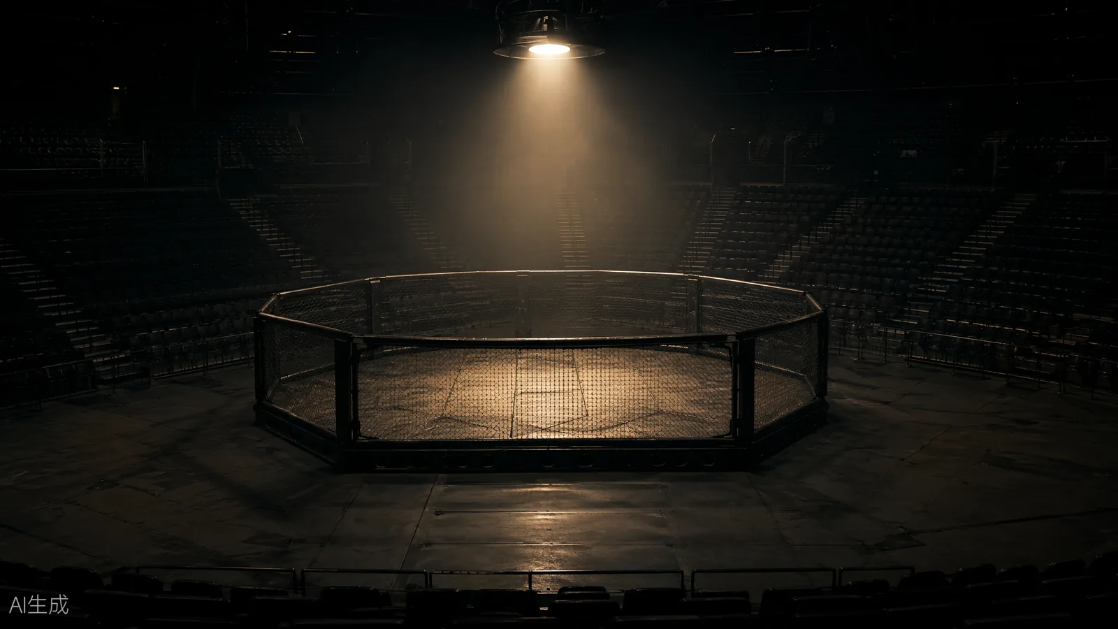 Empty robot fighting cage under a single spotlight in a dark arena, waiting for the next event (AI illustration)