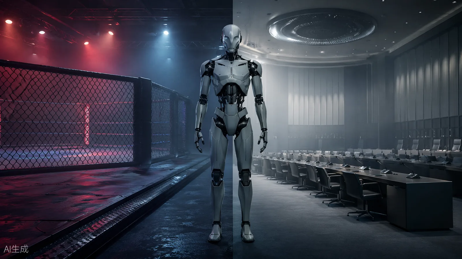 Humanoid robot silhouette split between a boxing ring and a conference hall (AI illustration)