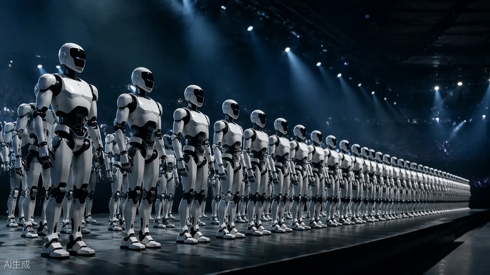 Rows of identical humanoid robots lined up on a stage like teams at an opening ceremony (AI illustration)