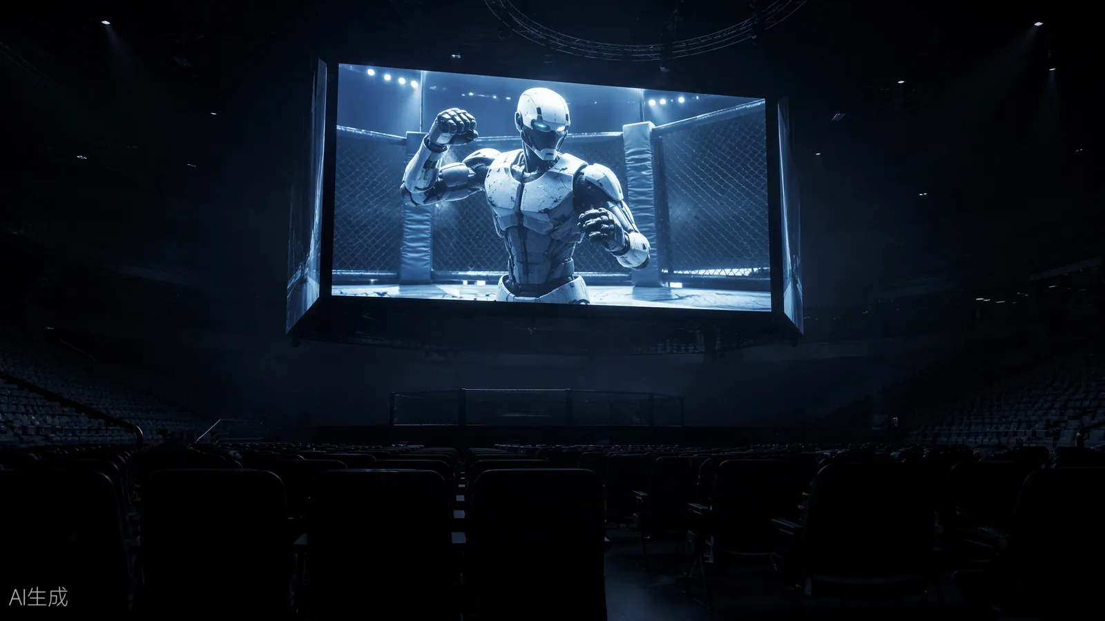 Humanoid robot on a fight stage seen on a large broadcast screen in a dark arena (AI illustration)