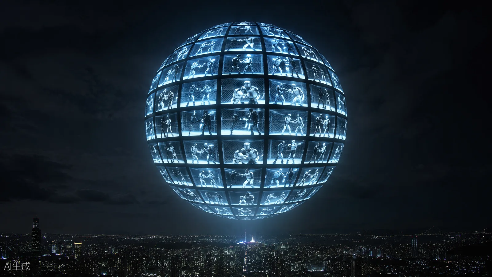 A glowing globe made of broadcast screens, each showing a humanoid robot fight, floating over a dark city (AI illustration)