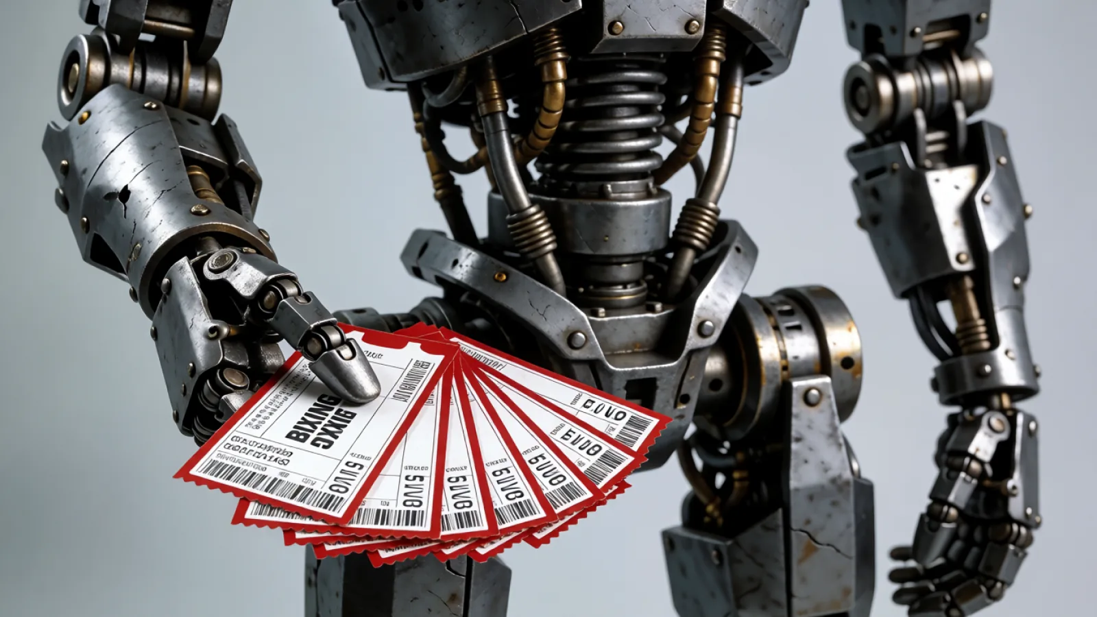AI illustration of a humanoid robot holding a fan of red-edged event tickets