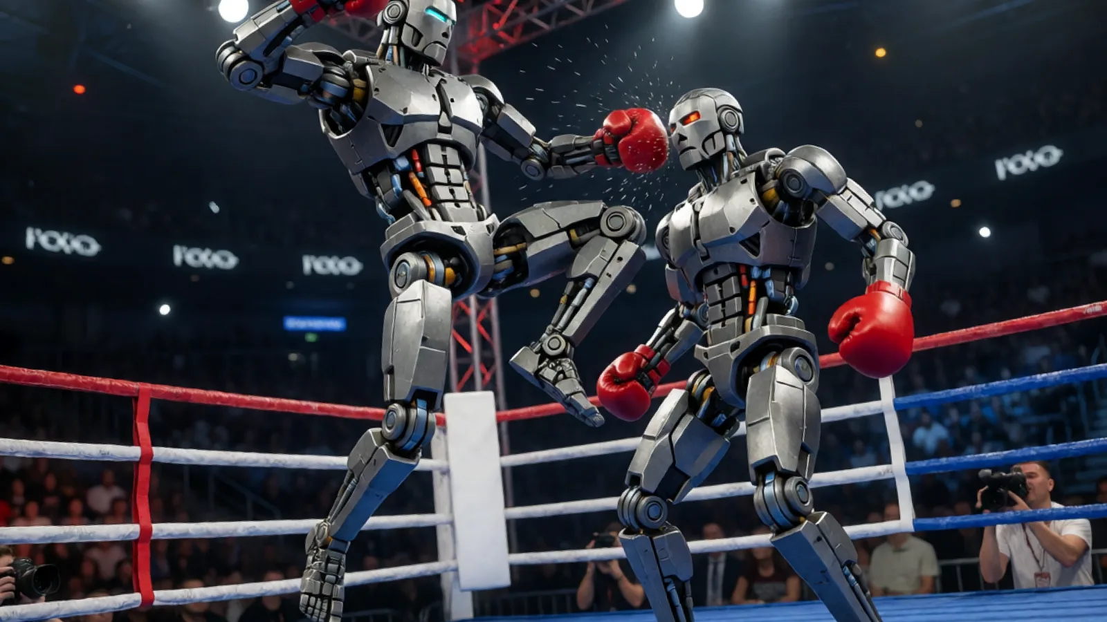 AI illustration of a humanoid robot attempting a flying knee against another robot in a boxing ring