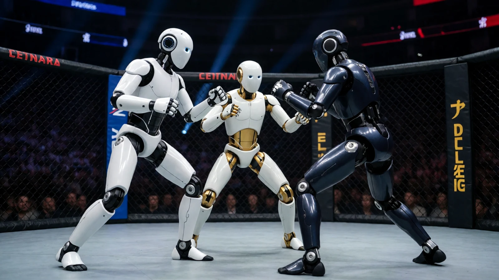 AI illustration of two humanoid robots facing a third robot in a cage