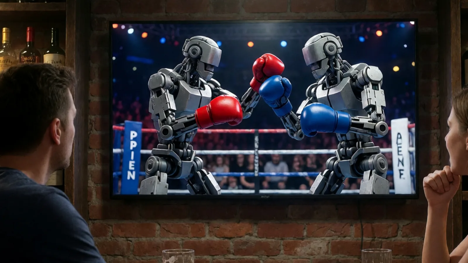 AI illustration of spectators watching a humanoid robot boxing match on a television