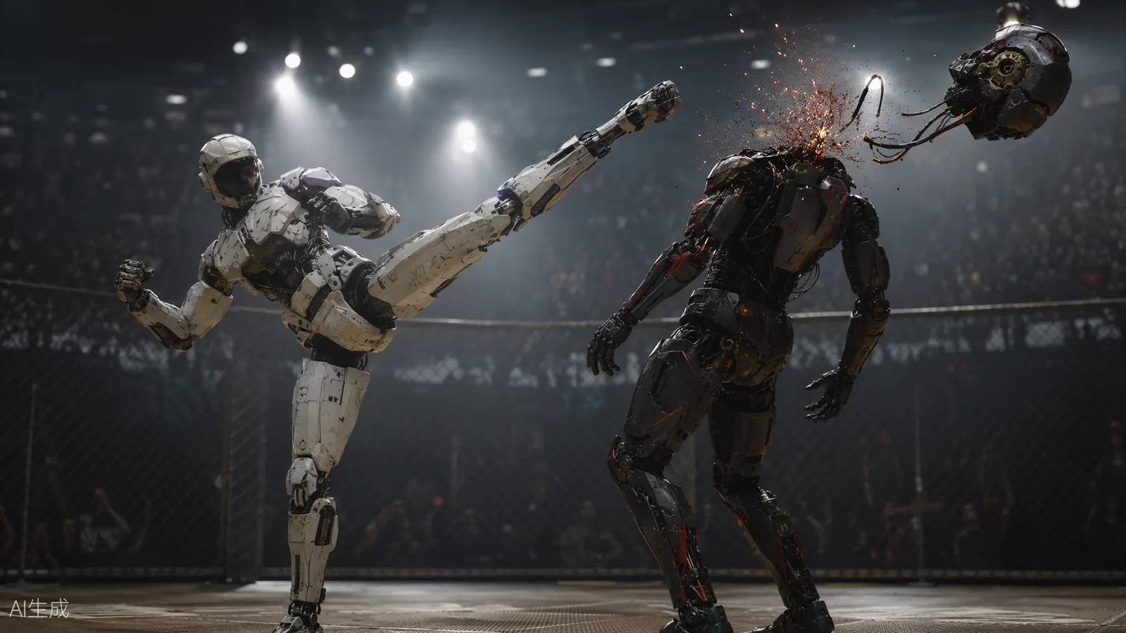 Two humanoid robots fighting in a cage arena, the dark-armored robot's head knocked off by a high kick (AI illustration)