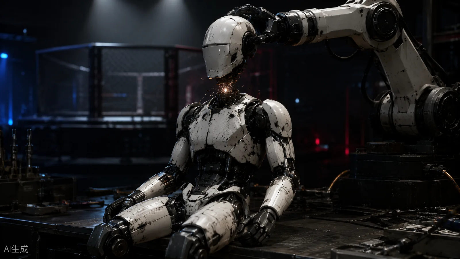 AI illustration of the humanoid robot Matador having its head reattached by a robotic arm in URKL's repair bay after the Shenzhen opening gala