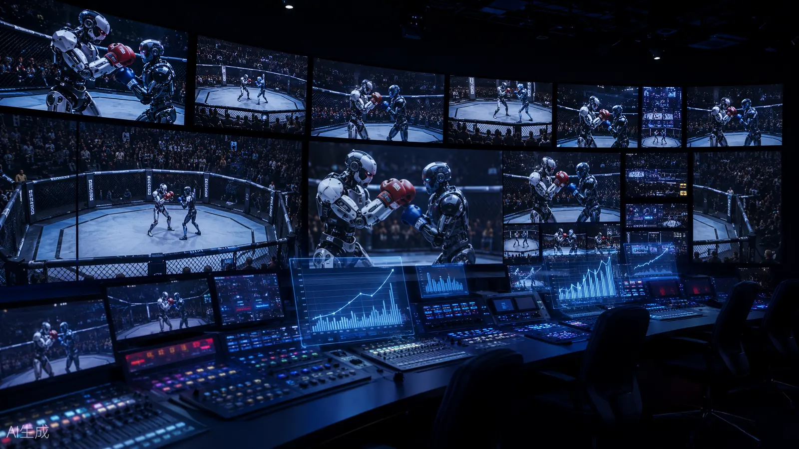 AI illustration of a dark broadcast control room whose wall of monitors shows the URKL robot fight alongside rising viewership graphs