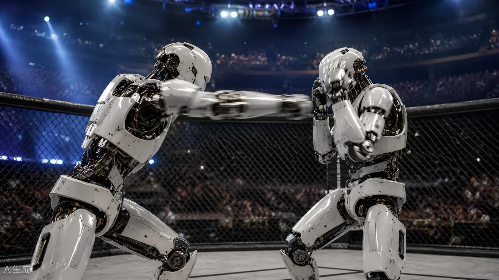Two humanoid robots exchanging punches in an arena cage under spotlights (AI illustration)