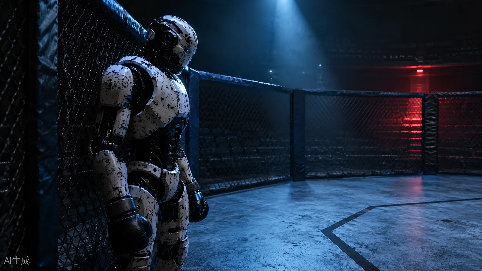 AI illustration of the battle-scarred robot White Eagle standing in the blue corner of an empty cage, staring toward the red corner